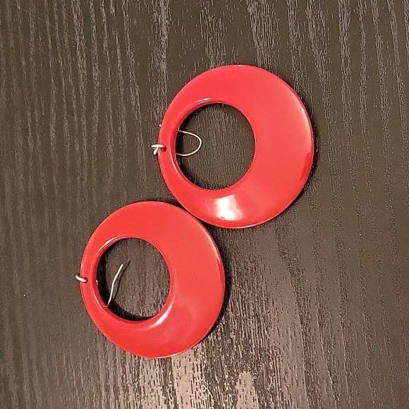 70's Inspired Drop Hoops In Red, XL Earrings, Vibrant Resin Jewelry - Picture 2 of 2